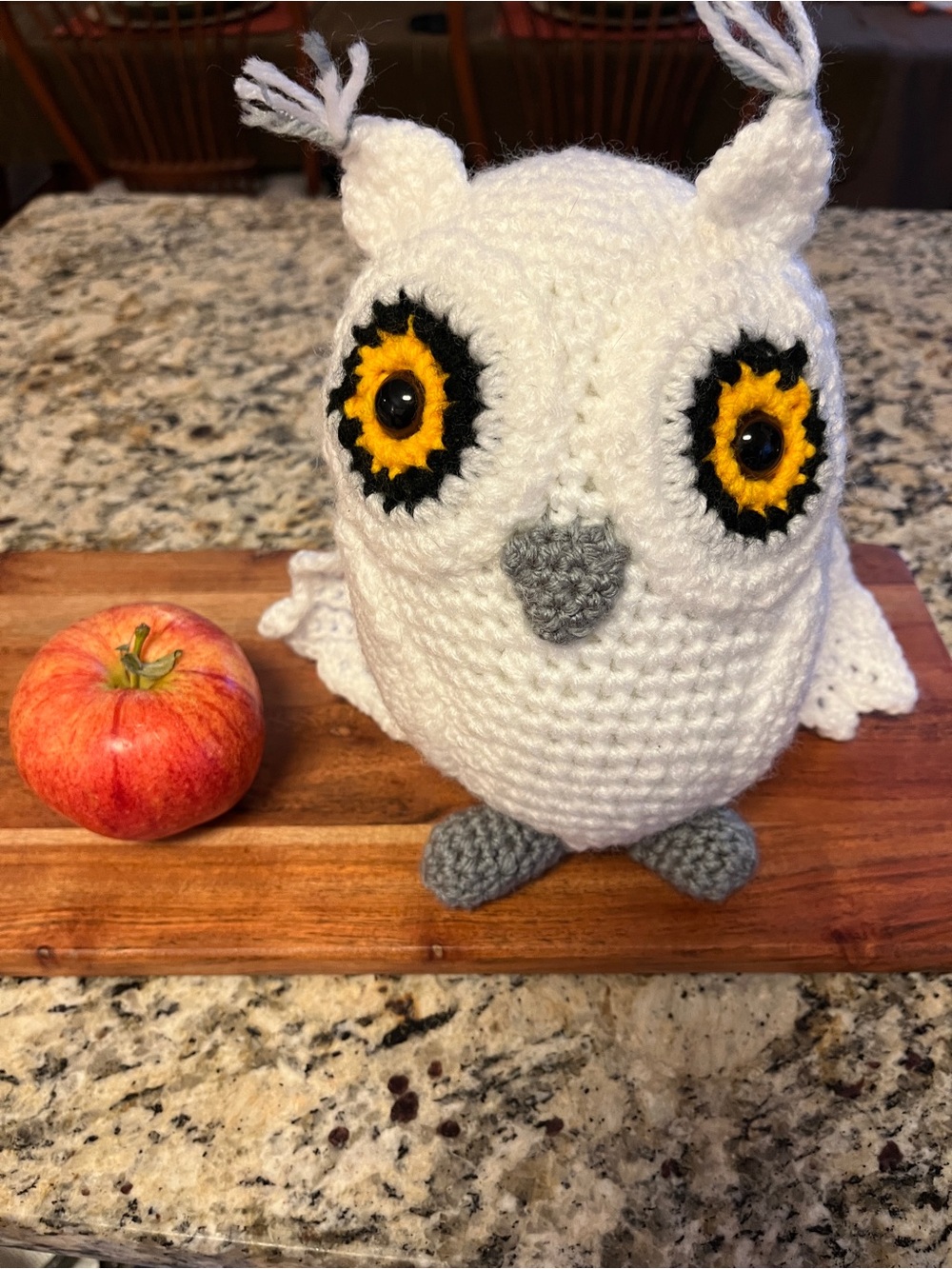 Handmade White Owl Crochet Plush with Yellow and Black Eyes